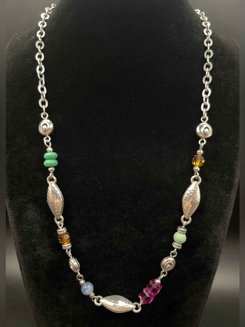 Brighton Silver Plated Multi Color Crystal Hammered Station Necklace 17-19"